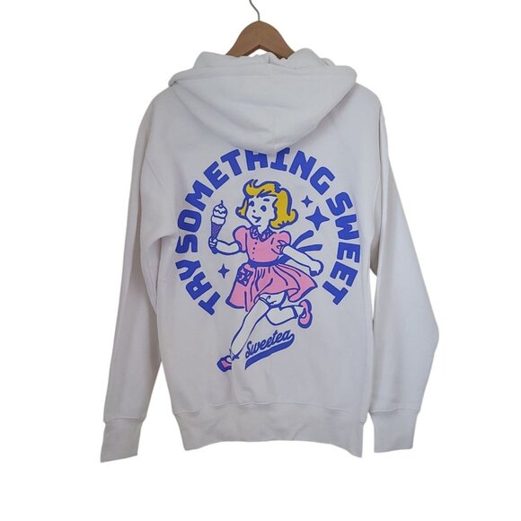 Sweetea Try Something Sweet Graphic White Hoodie Pullover Unisex Sz S - Picture 1 of 6